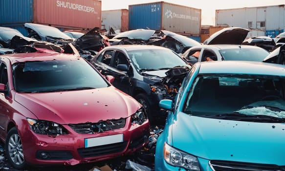 A chaotic scene of multiple damaged cars post-collision in an urban setting. The wreckage illustrates the urgent need for road safety.