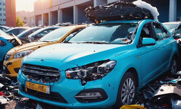 A chaotic scene of multiple damaged cars post-collision in an urban setting. The wreckage illustrates the urgent need for road safety.