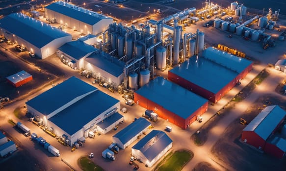 An aerial view of a brightly illuminated industrial complex at dusk. The intricate layout of buildings and machinery highlights the sophistication of modern engineering.