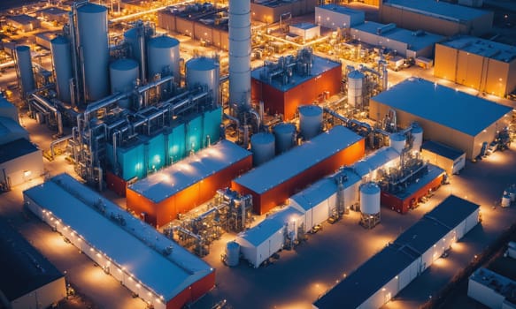 An aerial view of a brightly illuminated industrial complex at dusk. The intricate layout of buildings and machinery highlights the sophistication of modern engineering.