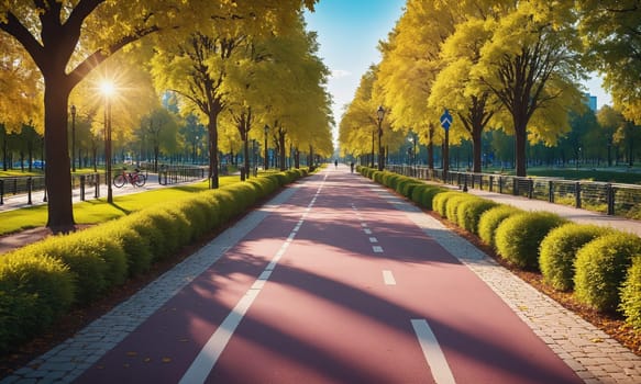 A serene bicycle path adorned with autumnal trees basks in the morning sunlight offering a tranquil city escape.