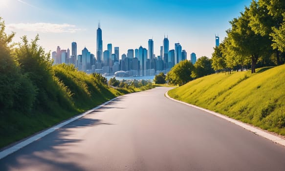 A picturesque view of a winding road leading towards a modern cityscape. The contrast of nature and urban architecture is beautifully captured under the bright sunlight.