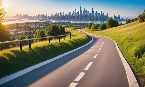 A picturesque view of a winding road leading towards a modern cityscape. The contrast of nature and urban architecture is beautifully captured under the bright sunlight.