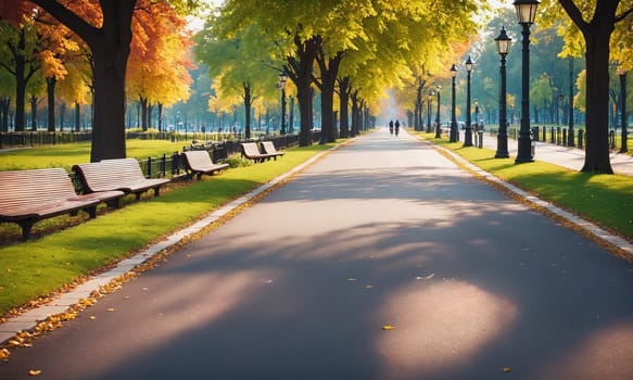 A serene city park at sunrise with long shadows casting over the jogging path surrounded by lush green trees and a clear sky.