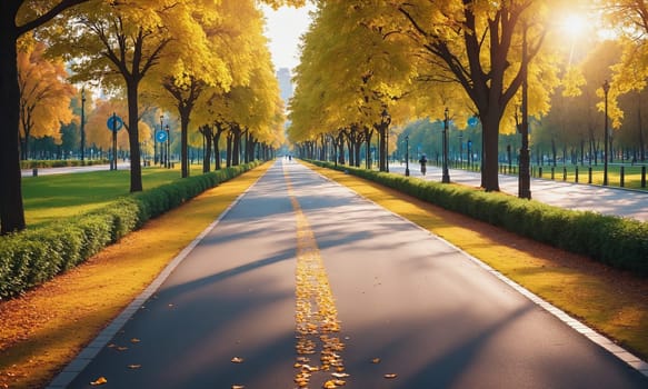 A serene bicycle path adorned with autumnal trees basks in the morning sunlight offering a tranquil city escape.