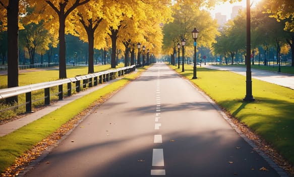 A serene bicycle path adorned with autumnal trees basks in the morning sunlight offering a tranquil city escape.