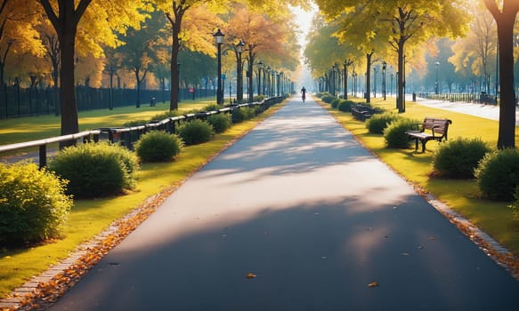 A serene city park at sunrise with long shadows casting over the jogging path surrounded by lush green trees and a clear sky.