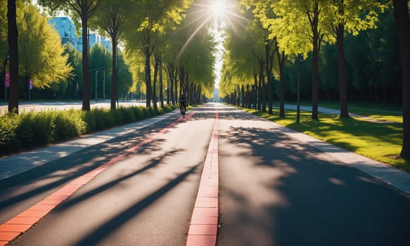 A serene city park at sunrise with long shadows casting over the jogging path surrounded by lush green trees and a clear sky.