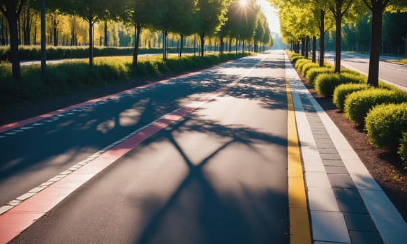 A serene city park at sunrise with long shadows casting over the jogging path surrounded by lush green trees and a clear sky.