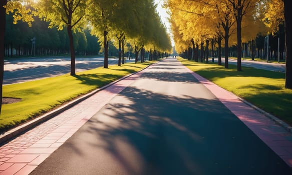 A serene city park at sunrise with long shadows casting over the jogging path surrounded by lush green trees and a clear sky.