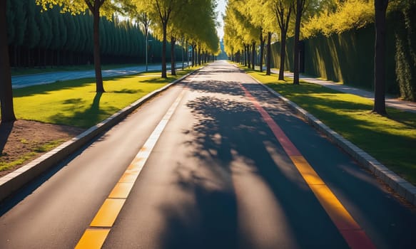 A serene city park at sunrise with long shadows casting over the jogging path surrounded by lush green trees and a clear sky.