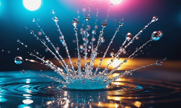 A dynamic splash of water captured in high-speed photography against a vibrant and colorful illuminated background.