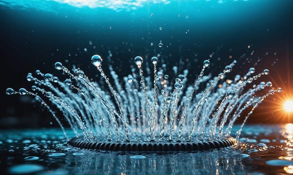 An elegant water fountain with sprays of water illuminated by lights against the dark backdrop creating a serene and mesmerizing visual experience.