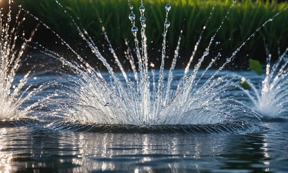 An elegant water fountain with sprays of water illuminated by lights against the dark backdrop creating a serene and mesmerizing visual experience.