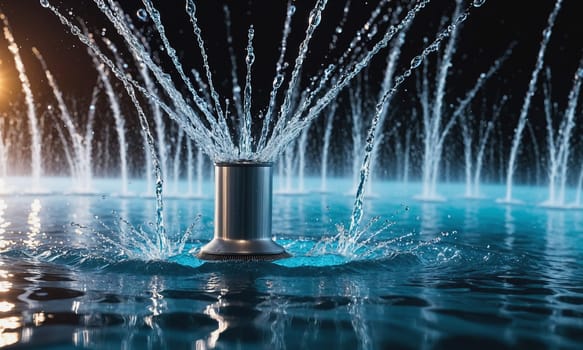 An elegant water fountain with sprays of water illuminated by lights against the dark backdrop creating a serene and mesmerizing visual experience.