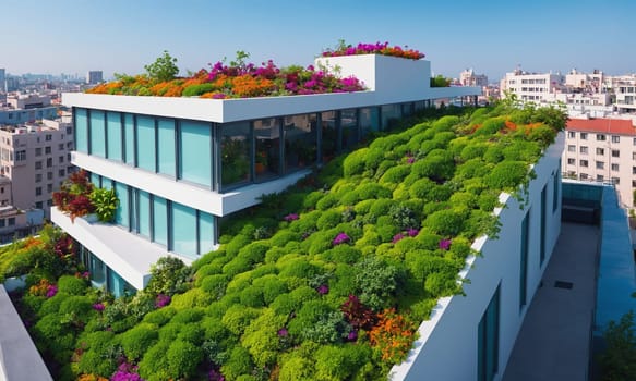 A lush green roof adorned with vibrant flowers sits atop a modern building amidst a bustling cityscape. The image shows the contrast between the natural and the artificial, the eco-friendly and the conventional, the organic and the geometric.