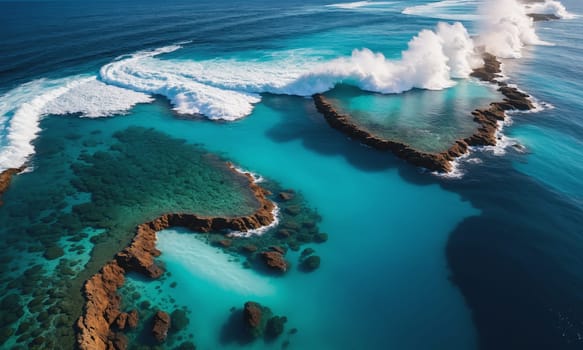 A breathtaking aerial view capturing the vibrant turquoise waters clashing against the rocky shoreline. The image shows the contrast between the deep blue ocean and the lighter turquoise waters near the shore, as well as the texture and shape of the rocks and waves.
