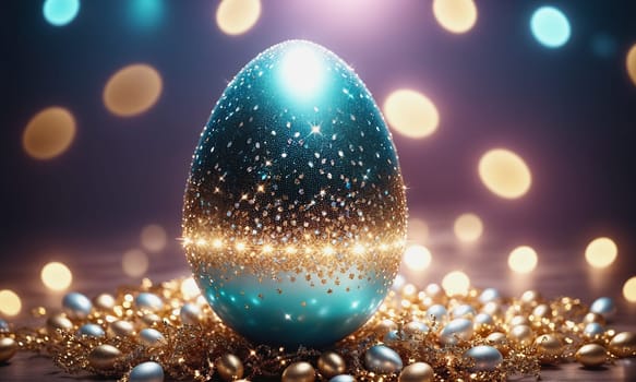 A magical galaxy egg adorned with a golden chain lies on a glittering purple surface. Bokeh lights add an enchanting ambiance. The image is perfect for showcasing the beauty and mystery of fantasy, magic, and jewels. The image is suitable for topics related to art, decoration, celebration, and gift.