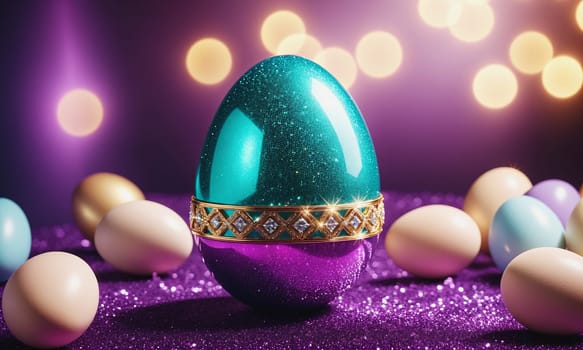 A magical galaxy egg adorned with a golden chain lies on a glittering purple surface. Bokeh lights add an enchanting ambiance. The image is perfect for showcasing the beauty and mystery of fantasy, magic, and jewels. The image is suitable for topics related to art, decoration, celebration, and gift.