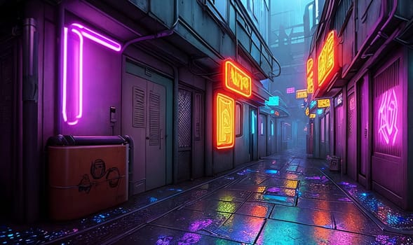 In a cyberpunk alley, neon signs cast a gritty glow on holographic graffiti, rain-soaked pavement glistens under ominous skies.