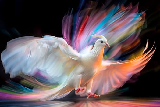 A beautiful white dove with open wings and neon effects .International Peace Day, generative Ai.