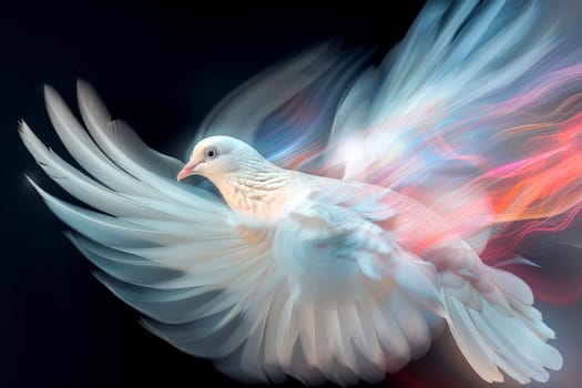 A beautiful white dove with open wings and neon effects .International Peace Day, generative Ai.