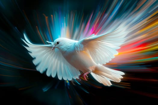 A beautiful white dove with open wings and neon effects .International Peace Day, generative Ai.