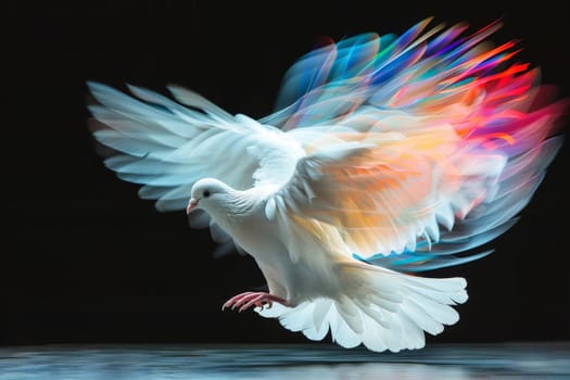 A beautiful white dove with open wings and neon effects .International Peace Day, generative Ai.