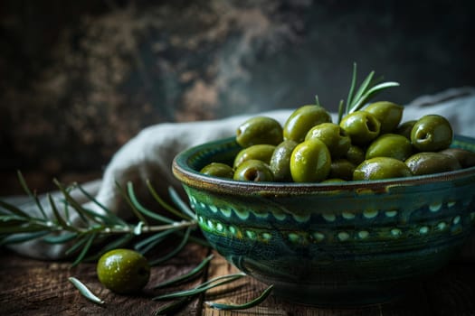 Olives in the bowl on wooden table. healthy food concept. AI generative.