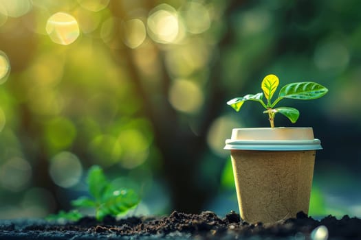 Sprout growing in the coffee cup. environmentally friendly, recycling, generated with AI.