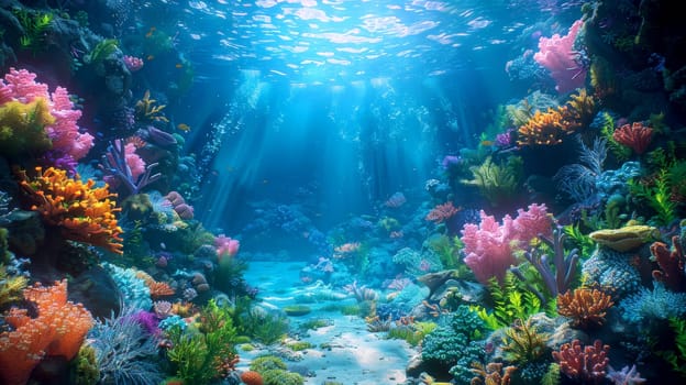 Exploring Nature's Splendid Underwater Reef: A Colorful World of Corals, Tropical Fish, and Ocean Life. Generative AI.