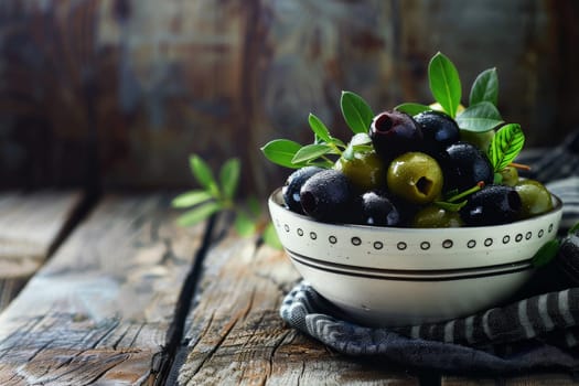 Olives in the bowl on wooden table. healthy food concept. AI generative.