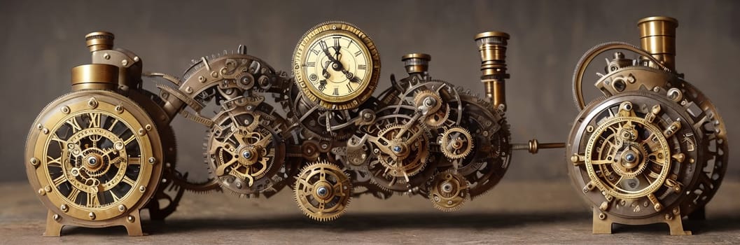 Steampunk Clockwork: An intricate mechanism blending gears, cogs, vintage brass elements, evoking Victorian-era technology. Think of a fusion between artistry functionality in a time-worn machine. Generative AI