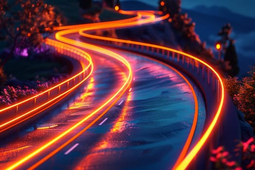 winding road illuminated glowing neon signs in the distance.ai generative.