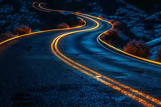 winding road illuminated glowing neon signs in the distance.ai generative.