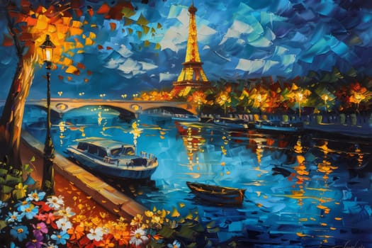 Colorful abstract painting depicting the Eiffel Tower in Paris cityscape with boat . Generative AI.