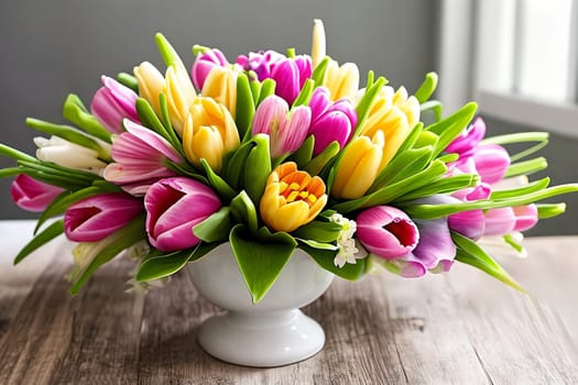 Easter Floral Delight. A composition featuring a variety of fresh spring flowers tulips arranged in a decorative Easter-themed setting, highlighting the vibrant colors and delicate petals.
