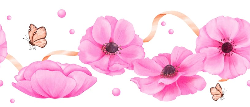 A seamless border featuring delicate pink anemones, adorned with ribbons, rhinestones, and butterflies. watercolor illustration for scrapbooking digital backgrounds website banners or social media.
