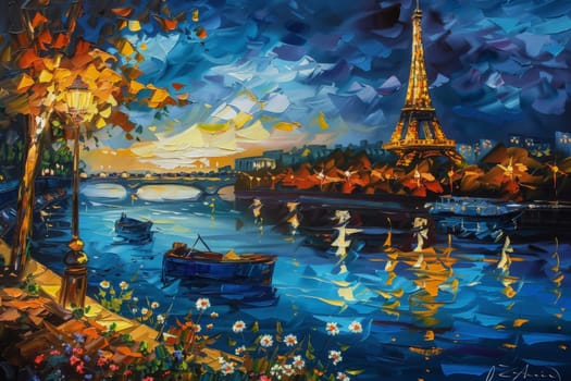 Colorful abstract painting depicting the Eiffel Tower in Paris cityscape with boat . Generative AI.