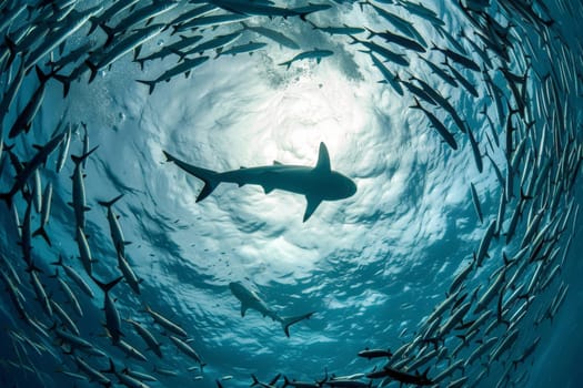 sharks forming a circle. Exploring shark Nature's Splendid Underwater . Generative AI.