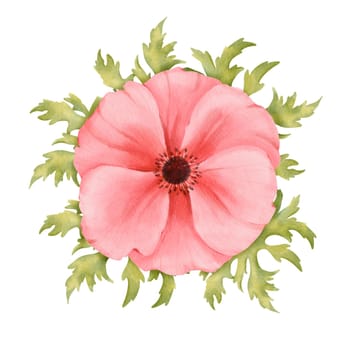 A watercolor composition featuring a pink anemone surrounded by fresh greenery. for use in wedding invitations, greeting cards, botanical prints digital backgrounds and floral-themed materials.