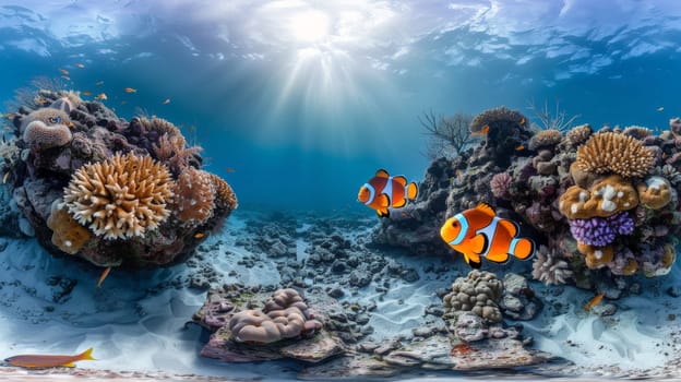 Exploring nemo fish Nature's Splendid Underwater Reef: A Colorful World of Corals, Tropical Fish, and Ocean Life. Generative AI.