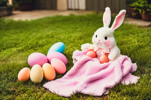 Adorable Bunny Decor. A charming arrangement of plush Easter bunny toys, pastel-colored ribbons, and decorative eggs displayed on a soft, fluffy surface like grass or a cozy blanket to evoke a sense of warmth and cuteness.