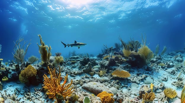 Exploring shark Nature's Splendid Underwater Reef: A Colorful World of Corals, Tropical Fish, and Ocean Life. Generative AI.