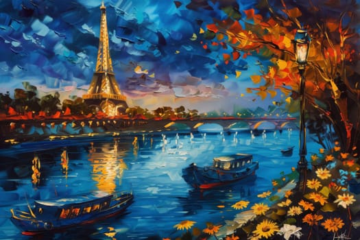 Colorful abstract painting depicting the Eiffel Tower in Paris cityscape with boat . Generative AI.