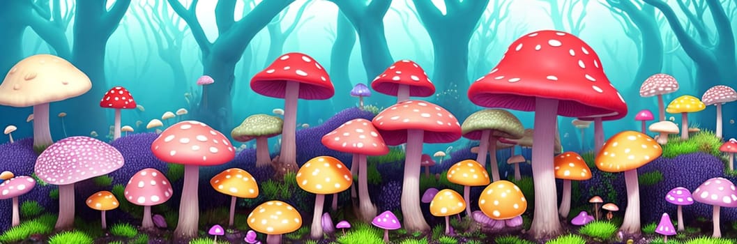 Immerse in a whimsical vibrant mushroom forest Oversized fungi of varied hues paint a surreal, otherworldly scene