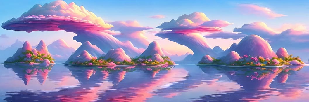 Surreal and dreamlike landscape of floating islands suspended in a pastel-colored sky, connected by delicate bridges and adorned with exotic flora.