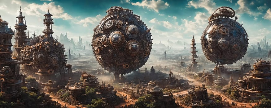 Clockwork Steampunk Planet. A planet that blends fantasy and machinery, featuring colossal, intricately detailed clockwork structures, towering gears, and fantastical steam-powered landscapes