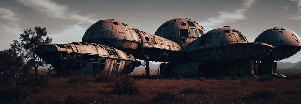 An abandoned spaceship on an alien planet, rusted metal, broken windows, overgrown vegetation reclaim the vessel. A scene of desolation and nature's triumph. Generative AI.