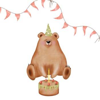 Cute bear on your birthday. A watercolor animal is sitting with a cake and wearing a festive hat. At the top there is a garland with flags. Isolated clipart on white background. Composition for cards and invitations for birth and baby shower. High quality illustration